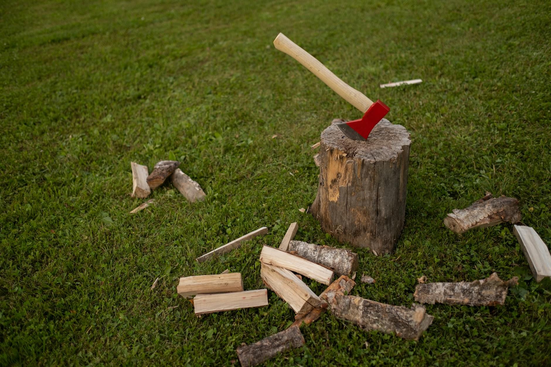 Red-handled axe in a tree stump surrounded by chopped wood on a green lawn.